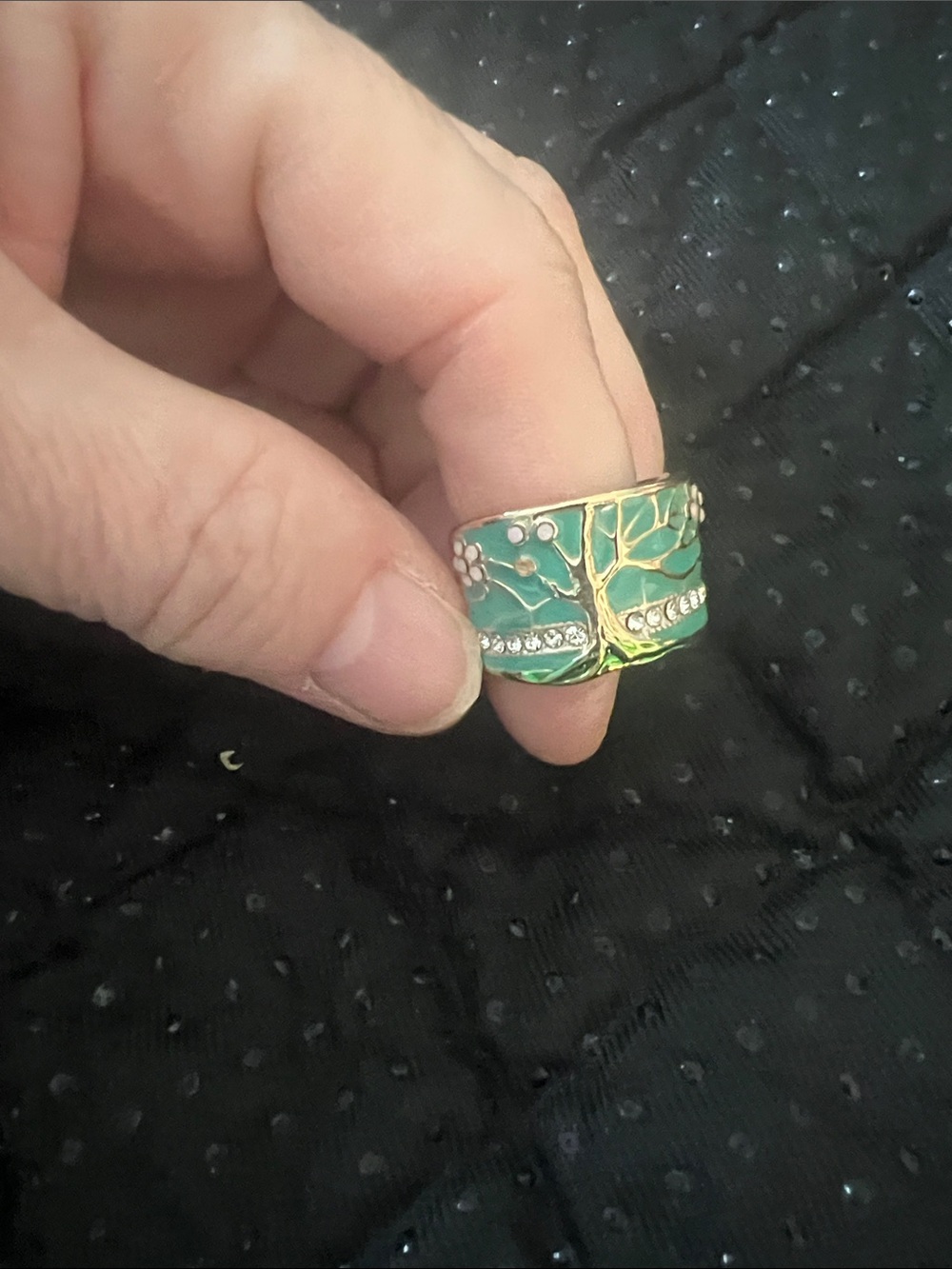 Vintage Boho Gold Tree of Life Green Enamel Wide Band Ring